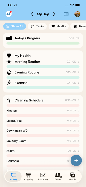 Lively's My Day screen, showing today's health, home, and cleaning progress